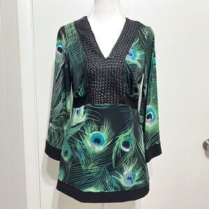 Cato Peacock Print V Neck Top Size S Green Black Woven 3/4 Sleeve Y2K Whimsigoth